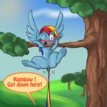  alorix blush butt dialogue equine female feral friendship_is_magic horse mammal my_little_pony outside pegasus pony rainbow_dash_(mlp) tail_pull tree wings 