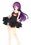  avan_kaiser bakemonogatari bare_arms bare_legs barefoot blush breasts cleavage cleavage_cutout dress highres legs lingerie long_hair medium_breasts monogatari_(series) purple_hair senjougahara_hitagi skirt_hold smile solo thighs underwear white_background 