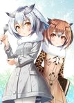  akashio_(loli_ace) book brown_eyes brown_hair commentary_request eurasian_eagle_owl_(kemono_friends) eyebrows_visible_through_hair fur_collar fur_trim head_wings highres jacket kemono_friends long_sleeves looking_at_viewer multicolored_hair multiple_girls northern_white-faced_owl_(kemono_friends) pantyhose short_hair spoon upper_body white_hair 