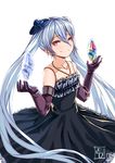  bare_shoulders crystal doll_joints dress esg_(essagna) gloves granblue_fantasy hat highres light_smile long_hair looking_at_viewer orchis red_eyes shingeki_no_bahamut silver_hair simple_background smile smug solo twintails very_long_hair white_background 