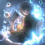  air_bubble backlighting blue_eyes blue_hair bubble green_kimono head_fins highres japanese_clothes kimono long_sleeves mermaid monster_girl niwaniwatori obi sash solo submerged touhou underwater wakasagihime wide_sleeves 