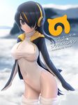  ass_visible_through_thighs black_hair blurry blush breasts brown_eyes cliff cloud commentary covered_navel day depth_of_field emperor_penguin_(kemono_friends) hair_over_one_eye headphones highres hood hoodie japari_symbol kemono_friends large_breasts leotard long_hair long_sleeves looking_at_viewer multicolored_hair open_clothes parted_lips siraha sky solo thighhighs translation_request two-tone_hair white_legwear white_leotard 