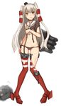  amatsukaze_(kantai_collection) ass_visible_through_thighs black_panties blush brown_eyes choker covering covering_breasts dress full_body garter_straps grey_hair highres kantai_collection long_hair mathew_(srmmk_mce) panties red_legwear rensouhou-kun sailor_dress side-tie_panties sweatdrop thighhighs torn_clothes torn_legwear two_side_up underwear wavy_mouth windsock 