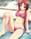  :p arms_behind_back bangs bare_legs bikini blue_eyes blush breasts brown_hair collarbone corey_sniper day digdug006 eyebrows_visible_through_hair groin leg_up legs long_hair looking_at_viewer navel outdoors parted_bangs pink_bikini pool shiny shiny_skin sitting smile solo swimsuit thighs tongue tongue_out underboob water wet wrestle_angels 