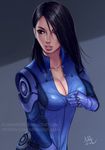  2016 artist_name ashley_williams black_eyes black_hair bodysuit breasts cleavage hair_over_one_eye highres large_breasts lips long_hair mass_effect mass_effect_3 nose parted_lips realistic sciamano240 unzipping watermark web_address 