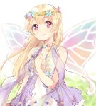  1girl bang_dream! bangs blonde_hair clenched_hand cross-laced_clothes dress fairy_wings flower flower_necklace half_updo hand_on_own_chest head_wreath highres jewelry komachi_narota long_hair looking_at_viewer necklace parted_lips purple_eyes shawl shirasagi_chisato solo wings 