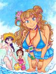  ball beachball bikini blonde_hair blue_bikini blue_eyes blue_hair breasts brown_hair day earrings flower galko hair_bun hair_flower hair_ornament hat highres jewelry large_breasts multiple_girls navel ojou_(galko) one-piece_swimsuit oshiete!_galko-chan otako_(galko) pink_swimsuit straw_hat sunglasses suzuki_ken'ya swimsuit white_swimsuit 