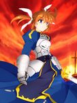 armor armored_dress artoria_pendragon_(all) avan_kaiser blouse brown_hair commentary_request cosplay cowboy_shot excalibur fate/stay_night fate_(series) field_of_blades highres lyrical_nanoha mahou_shoujo_lyrical_nanoha planted_sword planted_weapon purple_eyes red_sky saber saber_(cosplay) skirt sky solo standing sword takamachi_nanoha twintails unlimited_blade_works weapon 