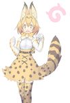  1girl 4139 animal_ears blonde_hair blush_stickers bowtie female kemono_friends long_gloves serval_(kemono_friends) simple_background solo tail white_background zettai_ryouiki 