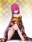  :o aebafuti ass_visible_through_thighs bare_shoulders barefoot bikini blue_eyes blush cameltoe checkered checkered_background groin half-closed_eyes head_tilt highres japanese_clothes kimono kneeling long_hair looking_at_viewer micro_bikini obi open_clothes open_kimono open_mouth original purple_hair sash shiny shiny_skin solo swimsuit very_long_hair white_bikini 