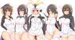 :o ;d absurdres arm_up black_hair blush breasts collar commentary_request crotch drawstring emperor_penguin_(kemono_friends) expressionless eyebrows_visible_through_hair eyelashes gentoo_penguin_(kemono_friends) grey_hair hair_between_eyes hair_ornament hair_over_one_eye hand_in_pocket headphones highres hood hooded_jacket humboldt_penguin_(kemono_friends) jacket kemono_friends large_breasts leotard light_brown_eyes long_hair long_sleeves looking_at_viewer low_twintails medium_breasts multicolored_hair multiple_girls navel one_eye_closed open_mouth penguins_performance_project_(kemono_friends) pikacchi pocket rockhopper_penguin_(kemono_friends) royal_penguin_(kemono_friends) short_hair sidelocks simple_background smile tareme thighhighs tsurime twintails two-tone_hair white_hair white_leotard yellow_eyes zipper 