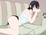  black_hair black_panties blush couch glasses hairband kantai_collection long_hair looking_at_viewer lying midriff ojipon on_couch on_side ooyodo_(kantai_collection) panties pillow pillow_hug semi-rimless_eyewear solo under-rim_eyewear underwear 