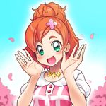  :d blush flower flower_necklace go!_princess_precure green_eyes hair_flower hair_ornament haruno_haruka jewelry necklace open_mouth precure red_hair saradabul_komaki short_hair smile solo upper_body 