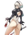  ass back_cutout ban black_blindfold black_hairband blindfold closed_mouth covered_eyes facing_back feather-trimmed_sleeves from_behind gloves hairband highleg highleg_leotard highres holding holding_sword holding_weapon juliet_sleeves katana leotard long_sleeves mole mole_under_mouth nier_(series) nier_automata puffy_sleeves short_hair simple_background solo sword turtleneck weapon white_background white_hair white_leotard yorha_no._2_type_b 