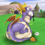  2016 ambiguous_gender belly big_belly brown_horn brown_scales caprine caught dialogue digestion dragon drooling english_text feral fur group horn looking_at_viewer mammal membranous_wings neck_bulge nude oral_vore pippuri purple_scales saliva scales scalie sheep size_difference solo_focus speech_bubble spyro spyro_the_dragon teeth text tongue tongue_out video_games vore white_fur wings 