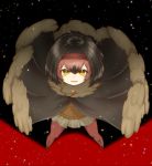  1girl antenna_hair beige_skirt black_cloak black_hair boots cloak cross-laced_footwear dodo_(kemono_friends) eyebrows_visible_through_hair from_above full_body fur-trimmed_cloak fur_collar fur_trim hair_between_eyes hairband highres kemono_friends lace-up_boots looking_at_viewer looking_up medium_hair multicolored_hair notora open_cloak open_clothes pantyhose parted_lips red_footwear red_hair red_hairband red_legwear skirt slit_pupils smile solo standing sweater_vest two-tone_hair yellow_eyes 
