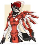  anthro armor bodysuit canine clothing dtalvi fur hair looking_at_viewer male mammal skinsuit smile solo tight_clothing wings 