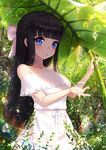  air_bubble ankkoyom bangs bare_shoulders black_hair blue_eyes blunt_bangs blush bow breasts bubble choker collarbone day drawstring dress eyebrows_visible_through_hair giant_leaf hair_bow half_updo highres holding holding_leaf leaf leaf_umbrella long_hair looking_at_viewer medium_breasts nature off_shoulder original outdoors parted_lips pink_bow ribbon sidelocks solo standing sunlight upper_body water_drop white_choker white_dress white_ribbon 