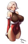  artist_name bare_shoulders black_gloves blush breasts christmas covered_navel covered_nipples detached_sleeves dungeon_and_fighter female_slayer_(dungeon_and_fighter) fishnet_pantyhose fishnets fur_trim gloves huge_breasts lips looking_away mistrie pantyhose red_eyes short_hair skin_tight solo sword_master_(dungeon_and_fighter) thighhighs white_hair 