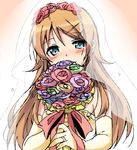  bare_shoulders blonde_hair blue_eyes blush bouquet bridal_veil bride crying crying_with_eyes_open dress elbow_gloves flower gloves hair_ornament hairclip happy happy_tears holding holding_bouquet jewelry kousaka_kirino long_hair looking_at_viewer ore_no_imouto_ga_konna_ni_kawaii_wake_ga_nai pink_background ring sketch smile solo sudachi_(calendar) tears veil wedding_dress yellow_wedding_dress 