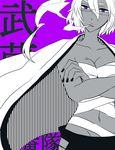 bleach breasts budget_sarashi cigarette cleavage collarbone crossed_arms dark_skin expressionless glasses hair_between_eyes haori japanese_clothes kantai_collection medium_breasts multiple_monochrome musashi_(kantai_collection) navel pointy_hair purple_background purple_eyes sarashi short_hair_with_long_locks smoke smoking solo touma_(tomatooo018) translated two_side_up 