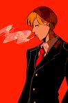  absurdres acca_13-ku_kansatsu-ka blonde_hair blood bloody_clothes blue_eyes cigarette highres jean_otus kalouriis male_focus necktie red_background red_neckwear sideways_glance smoke smoking solo standing uniform 