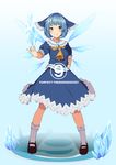  1girl adapted_costume ascot blue_eyes blue_hair bow cirno engrish frilled_skirt frills full_body hair_bow hand_on_hip highres ice ice_wings looking_at_viewer mary_janes outstretched_arm ranguage sailor_collar shirt shoes short_hair short_sleeves skirt skirt_set smile socks solo standing takeka_fungi touhou white_legwear wings 