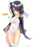  absurdres arm_up artist_name ass_visible_through_thighs bangs black_hair blush breasts cleavage closed_mouth covered_navel covered_nipples cowboy_shot emperor_penguin_(kemono_friends) group_name hair_over_one_eye headphones heart highres hips hood hoodie kemono_friends large_breasts leotard long_hair looking_at_viewer open_clothes open_hoodie see-through signature simple_background solo strapless strapless_leotard thighhighs thighs turtleneck twitter_username white_background white_legwear white_leotard yellow_eyes yuuzaki 