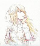  bow chaban_capriccio_(vocaloid) evillious_nendaiki graphite_(medium) hair_bow hand_on_own_cheek hand_on_own_chin kagamine_rin looking_away mixed_media profile rooomi short_hair short_ponytail sketch traditional_media vocaloid 