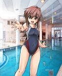  brown_eyes brown_hair competition_swimsuit covered_navel cowboy_shot foreshortening grey_swimsuit looking_at_viewer mamoru_(sister_princess) masamori_ikemo one-piece_swimsuit open_mouth photo_background pool short_hair sister_princess smile solo standing swimsuit 