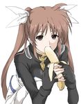  banana bodysuit breasts brown_eyes brown_hair elf_(stroll_in_the_woods) fingerless_gloves food fruit gloves hair_ribbon looking_at_viewer lyrical_nanoha magical_girl mahou_shoujo_lyrical_nanoha mahou_shoujo_lyrical_nanoha_strikers medium_breasts no_jacket ribbon sexually_suggestive sketch solo squatting takamachi_nanoha twintails white_background white_ribbon 