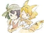  ;) ;d adapted_costume alternate_color animal_ears backpack bag black_hair blue_eyes blush blush_stickers bow bowtie capelet commentary elbow_gloves eye_contact eyebrows_visible_through_hair gloves hat hat_feather helmet hug jpeg_artifacts kaban_(kemono_friends) kemono_friends light_brown_eyes looking_at_another looking_to_the_side multiple_girls nose_blush one_eye_closed onigiri_(ginseitou) open_mouth orange_hair pith_helmet red_shirt serval_(kemono_friends) serval_ears serval_print shirt short_hair short_sleeves simple_background sketch skirt sleeveless sleeveless_shirt smile striped_tail tail tareme upper_body white_background white_gloves white_shirt 