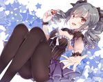  :d ass bangs black_legwear blush bow breasts cleavage detached_collar dress grey_hair hair_bow hanakanzarashi heart highres holding idolmaster idolmaster_cinderella_girls kanzaki_ranko legs_together legs_up long_hair looking_at_viewer medium_breasts open_mouth outstretched_arm pantyhose red_eyes scrunchie smile solo star starry_background twintails twitter_username wrist_scrunchie 