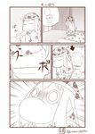  1girl :x blinds bunny cabinet cat closed_eyes comic commentary directional_arrow futon highres horns indoors kantai_collection long_hair monochrome moomin muppo northern_ocean_hime pajamas revision sazanami_konami shinkaisei-kan sidelocks silent_comic tail thought_bubble toilet translated truth twitter_username undressing 