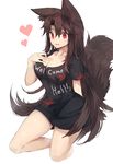  animal_ears black_hair black_shirt blush breasts cleavage clothes_writing collarbone commentary_request cosplay hair_between_eyes heart hecatia_lapislazuli hecatia_lapislazuli_(cosplay) imaizumi_kagerou kasuka_(kusuki) large_breasts long_hair looking_at_viewer no_pants parted_lips red_eyes shirt short_sleeves smile solo t-shirt tail touhou very_long_hair wolf_ears wolf_tail 