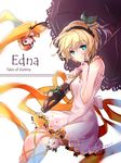  1girl bare_shoulders blonde_hair blue_eyes breasts character_name copyright_name dress edna_(tales) flower gloves hair_ornament hairband ribbon short_hair side_ponytail smile tales_of_(series) tales_of_zestiria umbrella 