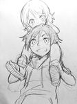  1girl ankle_grab brother_and_sister carrying child clenched_teeth graphite_(medium) greyscale grin hair_ornament hairclip hands_on_another's_head hood hoodie kousaka_kirino kousaka_kyousuke leaning_on_person monochrome open_mouth ore_no_imouto_ga_konna_ni_kawaii_wake_ga_nai sandals short_hair shoulder_carry siblings sketch smile sudachi_(calendar) teeth traditional_media younger 