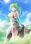  blush breasts cleavage cleavage_cutout cloud day dress grass green_hair green_heart highres large_breasts long_hair looking_at_viewer nature neptune_(series) no_bra outdoors ponytail power_symbol purple_eyes sideboob sky solo sun symbol-shaped_pupils very_long_hair yumcha 