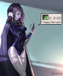  bad_artstation_id bad_id beast_boy_(dc) cellphone character_name cloak dc_comics forehead_jewel grey_skin happy_new_year highres hood hyun_sung_oh leotard new_year phone purple_hair raven_(dc) short_hair smile solo teen_titans text_messaging 