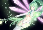  blush breasts cleavage detached_wings green_hair green_heart highres large_breasts long_hair looking_at_viewer muwa12 neptune_(series) polearm ponytail power_symbol purple_eyes solo spear symbol-shaped_pupils very_long_hair weapon wings 