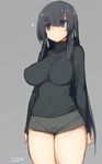  artist_name black_eyes black_hair breasts cowboy_shot eyebrows_visible_through_hair eyes_visible_through_hair grey_background hair_between_eyes hair_ribbon impossible_clothes impossible_shirt large_breasts long_sleeves ribbon shirt short_shorts shorts simple_background solo starmine_(manga) stroma thighs turtleneck 