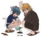  :&lt; bandaid bandaid_on_face blue_eyes blue_hair blush flip-flops green_eyes hair_between_eyes hand_on_own_thigh hand_up japanese_clothes looking_at_viewer male_focus masonry_trowel multiple_boys open_hand open_mouth orange_hair plant ponytail rake sandals sash sayo_samonji shorts smile squatting tasuki themed_object tied_hair tiptoes touken_ranbu trowel urashima_kotetsu watering_can waving white_background zy_(dondokodo-mu) 