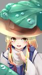  absurdres bad_id bad_pixiv_id blonde_hair hair_ribbon hat highres leaf long_hair long_sleeves looking_at_viewer moriya_suwako nail_polish parted_lips red_ribbon ribbon sidelocks simple_background smile solo teeth touhou tress_ribbon upper_body vest water_drop wide_sleeves yellow_eyes yusake_san 