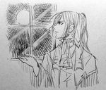  alternate_hair_color chaban_capriccio_(vocaloid) evillious_nendaiki full_moon greyscale hair_ribbon hand_on_window kamui_gakupo long_hair looking_away looking_out_window male_focus monochrome moon night night_sky ponytail profile ribbon rooomi sketch sky solo very_long_hair vocaloid 