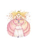  absurdres blonde_hair blue_eyes breasts cleavage dress floating_hair full_body highres jewelry large_breasts long_hair looking_at_viewer necklace official_art outstretched_arms petals queen_aishasha ring solo thousand_memories tiara transparent_background 