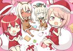  :d ;) ahoge alternate_costume blush_stickers chibi commentary_request dress engiyoshi hat i-168_(kantai_collection) i-58_(kantai_collection) kantai_collection long_hair looking_at_viewer multiple_girls one_eye_closed open_mouth pink_eyes pink_hair ponytail red_dress red_eyes revision ro-500_(kantai_collection) santa_costume santa_hat short_hair silver_eyes silver_hair smile tan u-511_(kantai_collection) 