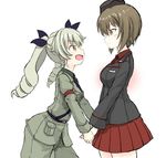  :d anchovy anzio_military_uniform armband blush brown_eyes brown_hair drill_hair garrison_cap girls_und_panzer green_hair hat highres holding_hands kuromorimine_military_uniform military military_uniform multiple_girls nishizumi_maho open_mouth pants sketch skirt smile uniform wabiushi white_background yellow_eyes 