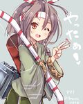  ;d amano_kouki bow_(weapon) brown_eyes brown_hair commentary_request hachimaki hakama headband highres holding japanese_clothes kantai_collection long_hair looking_at_viewer machinery one_eye_closed open_mouth ponytail revision simple_background smile solo translated v weapon zuihou_(kantai_collection) 