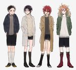  atsushi_toushirou black_hair boots brown_eyes brown_hair coat cross-laced_footwear fur_trim gotou_toushirou green_eyes grey_eyes hands_in_pockets holster hood hooded_jacket jacket kneehighs lace-up_boots male_focus multicolored_hair multiple_boys purple_eyes red_hair shinano_toushirou shorts smile streaked_hair sweater thigh_holster touken_ranbu turtleneck turtleneck_sweater white_legwear yagen_toushirou zy_(dondokodo-mu) 