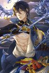  armor blood chest cuts eyelashes gloves hair_between_eyes hair_ornament holding holding_sword holding_weapon injury japanese_clothes light_particles lightning looking_at_viewer male_focus mikazuki_munechika monster moon night night_sky siyi_(akeck) sky solo sword touken_ranbu weapon 